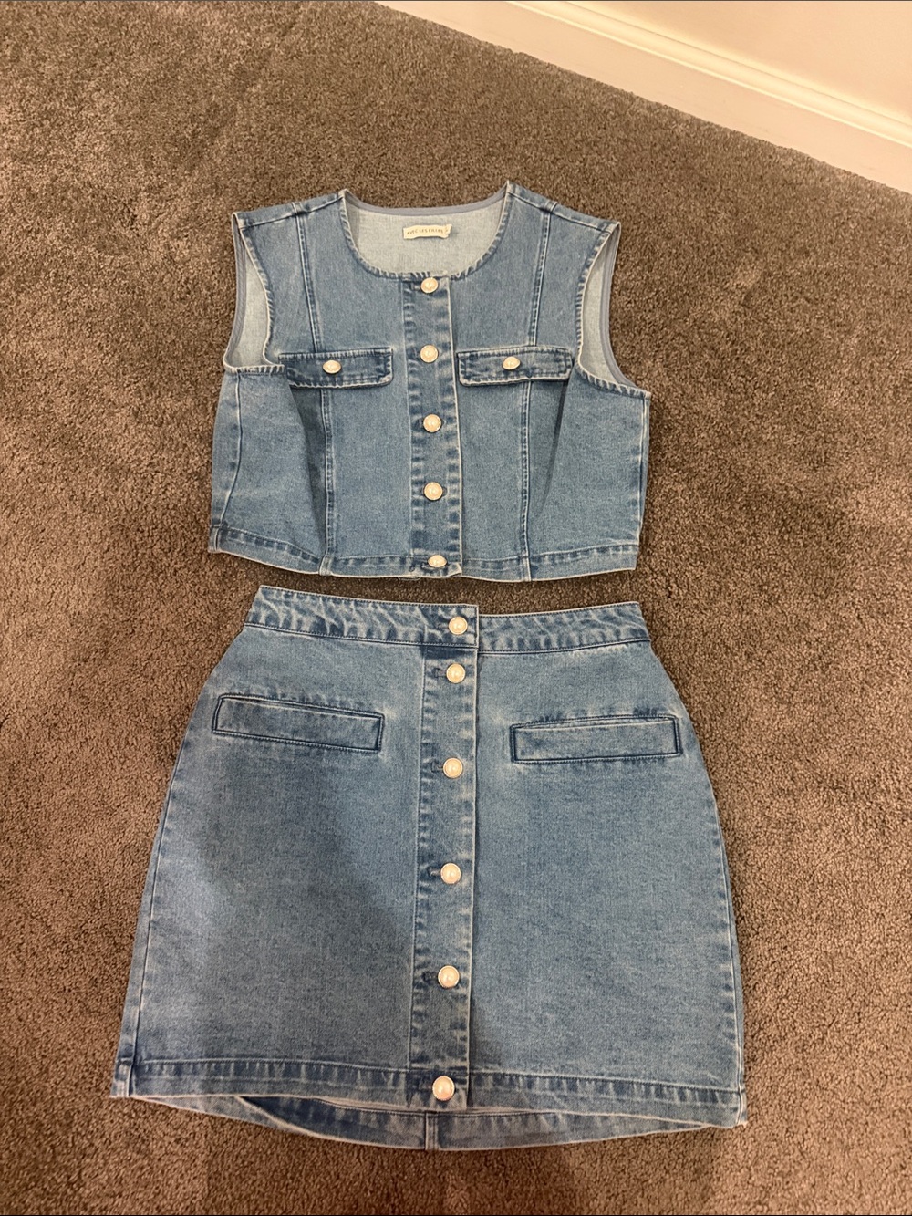 Avec Les Filles Light Blue Denim Button-Front Mini Skirt